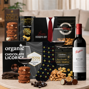 Penfolds Gourmet Snacks Gift Hamper for Dad by Tastebuds featuring Penfolds Bin 28 Shiraz, gourmet snacks, chocolates and #1 Dad socks.