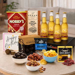 Personalised Beer Birthday Hamper with premium beer, gourmet snacks and greeting card