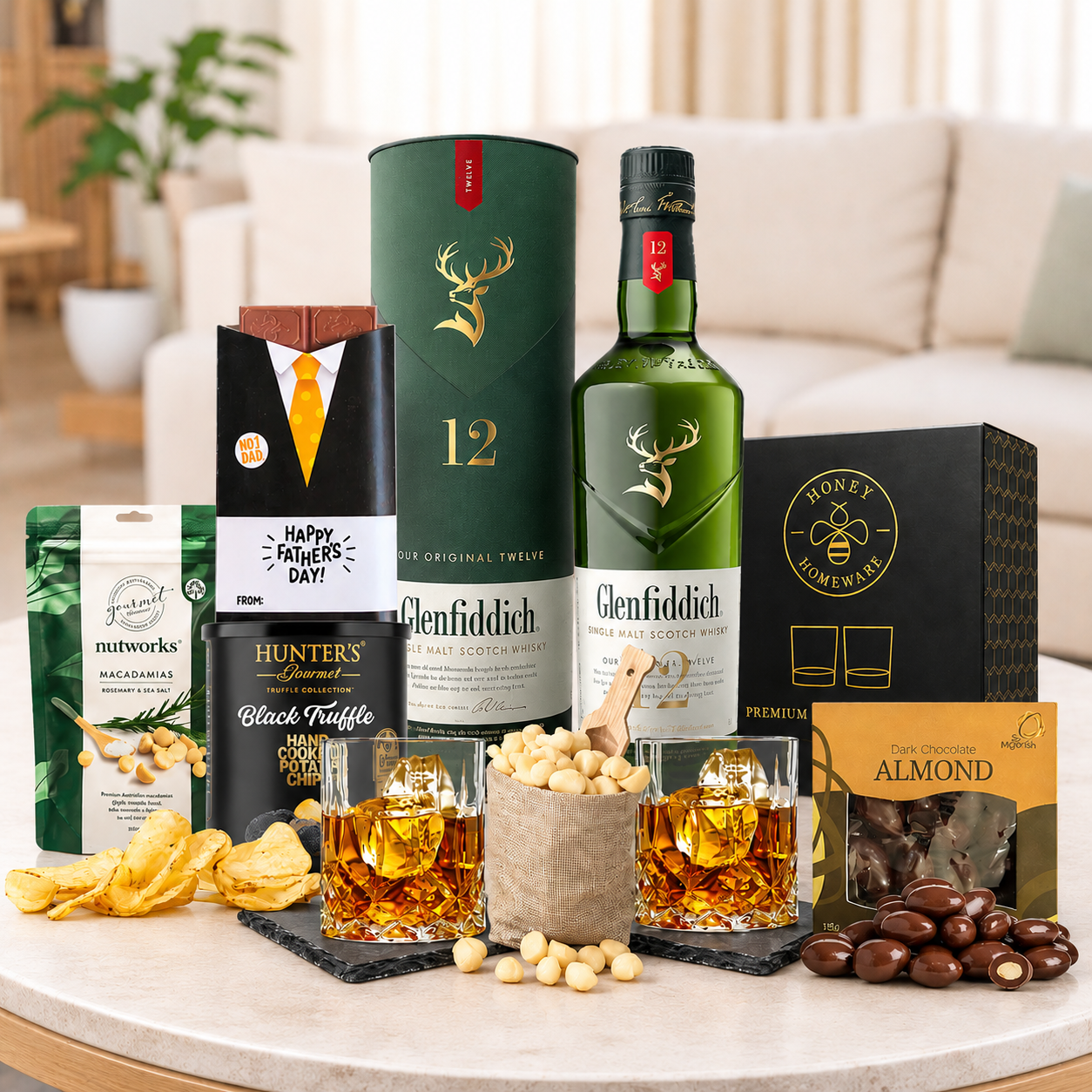 Personalised Premium Whisky Gift Hamper for Father from Tastebuds with premium Scotch, gourmet treats and free Australia-wide delivery.