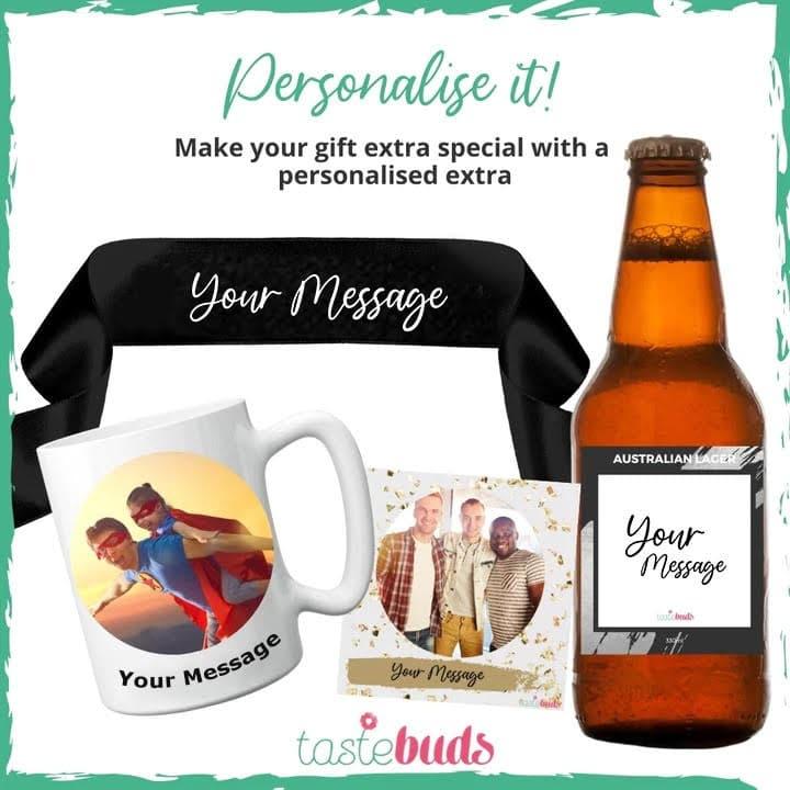 Personalised gift options including a custom mug, card, beer bottle label, and black ribbon with your message