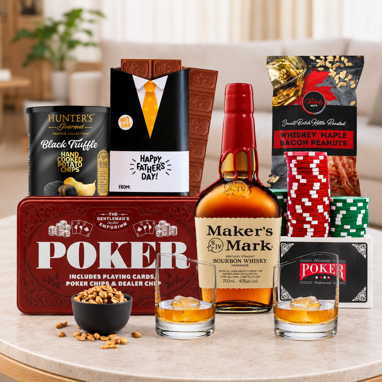Poker Night Bourbon Gift Hamper for Dad by Tastebuds featuring Maker's Mark Bourbon, poker set, gourmet snacks and Father's Day chocolates.