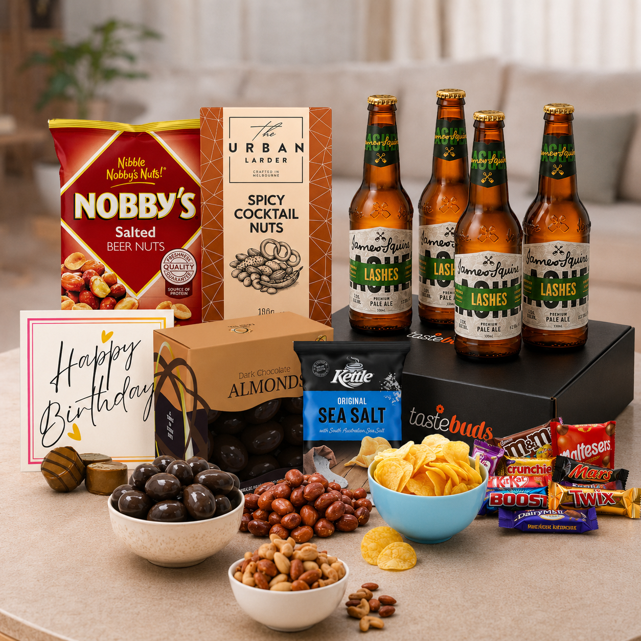Premium Beer Birthday Hamper with beer, savoury snacks and birthday chocolate