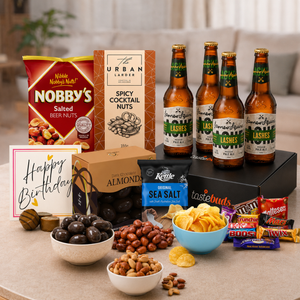 Premium Beer Birthday Hamper with beer, savoury snacks and birthday chocolate