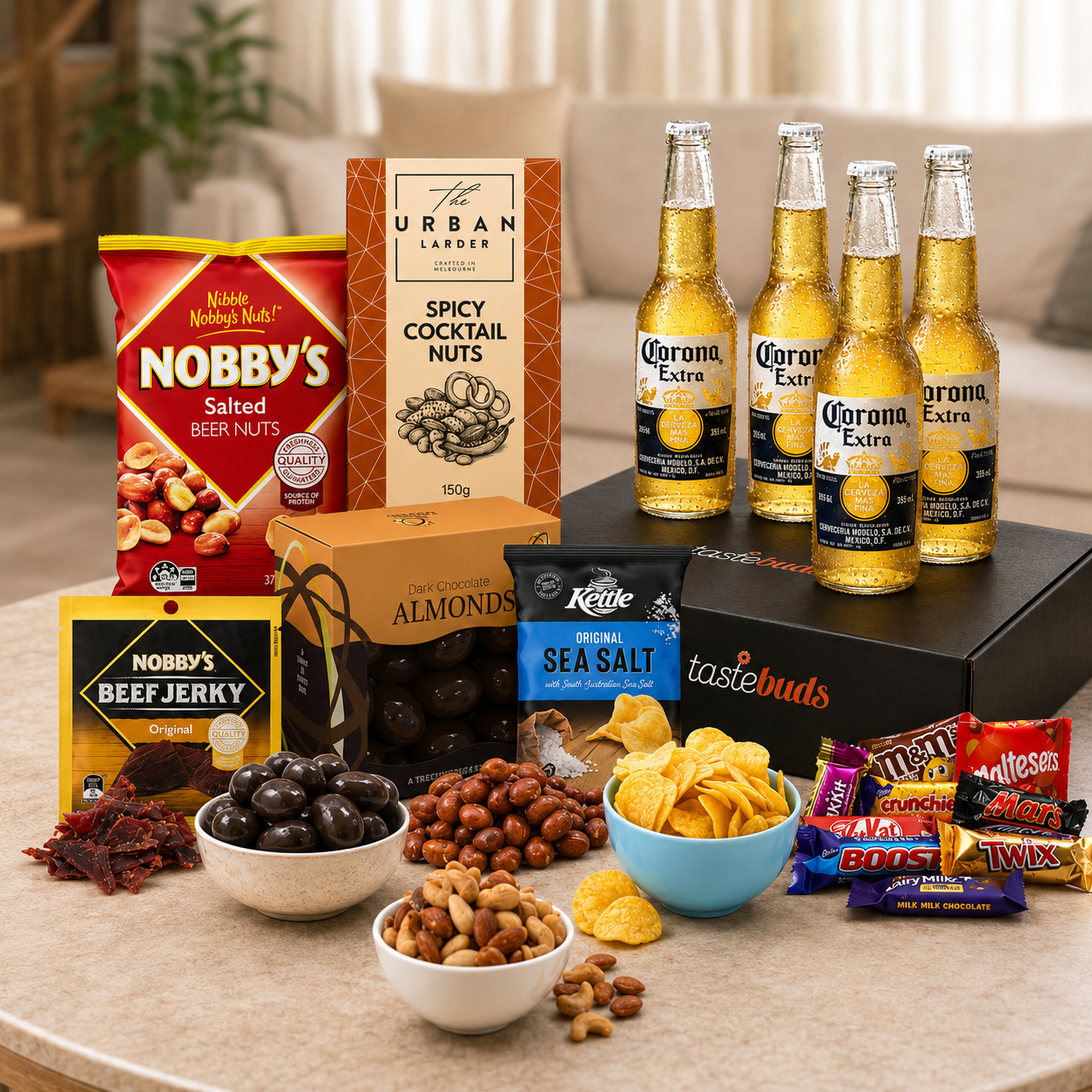 Premium Beer Choice Hamper with assorted beers, nuts, jerky and chocolate