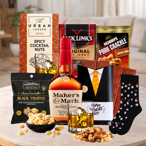 Premium bourbon hamper for Dad featuring bourbon of choice, jerky, pork crackle, black truffle cheese snacks and Father's Day chocolates.