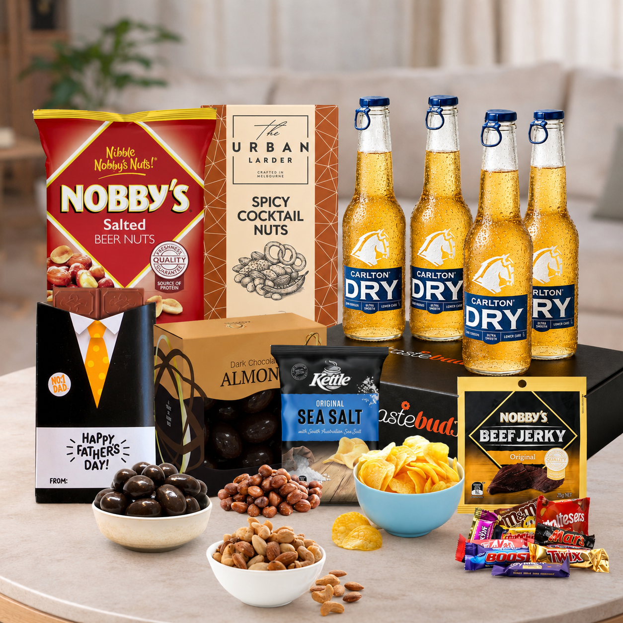 Premium Father's Day beer gift hamper with a choice of Asahi, Corona, Carlton Dry, James Squire or Great Northern and gourmet snacks.