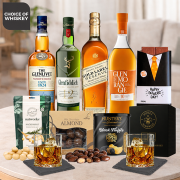 Premium Whisky Gift Hamper for Dad by Tastebuds featuring premium Scotch whisky, whisky glasses, gourmet snacks and a free personalised greeting card.