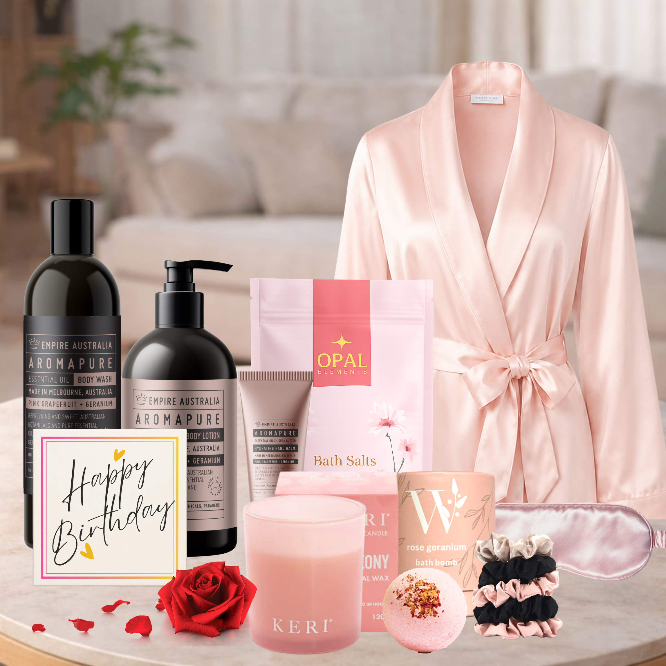 Rejuvenating Pamper Birthday Hamper with satin bathrobe and self-care gifts