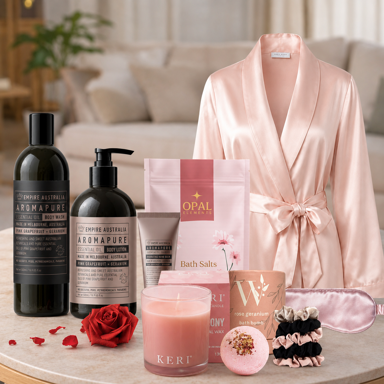 Rejuvenating Pamper Gift Hamper with satin bathrobe and self-care essentials