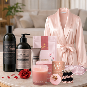 Rejuvenating Pamper Gift Hamper with satin bathrobe and self-care essentials