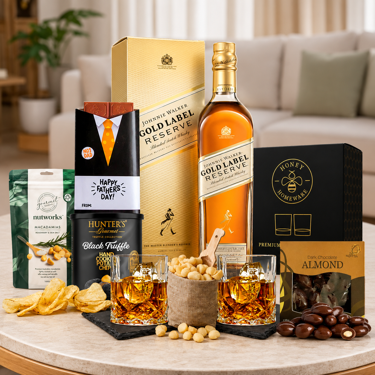 Scotch whisky gift hamper for Dad featuring Glenfiddich, Glenlivet, Glenmorangie or Johnnie Walker Gold with premium gourmet snacks.