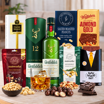 Single Malt Scotch gift hamper for Dad with Glenfiddich whisky, artisan snacks, premium chocolates and Father's Day gifts.