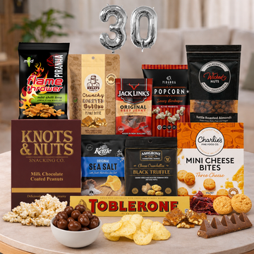 30th Birthday Snack Gift Hamper with sweet, savoury, chocolatey treats and gourmet snacks