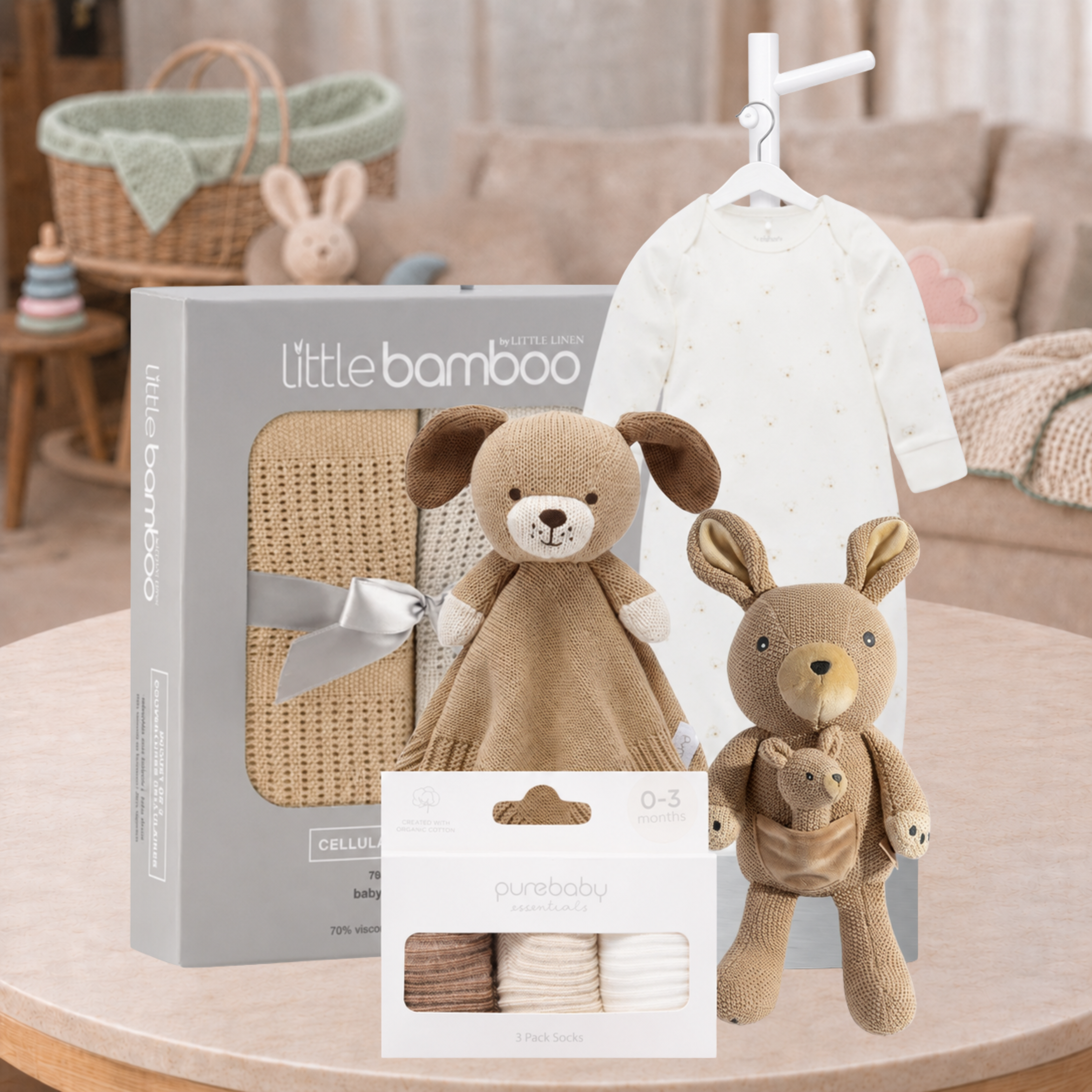 Snuggles Baby Hamper with Vanilla Bear sleepsuit, cosy blankets, knitted toys and newborn essentials
