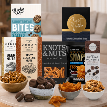 Sweets and Savoury Snack Gift Hamper with gourmet nuts, pretzels, BBQ snacks and chocolate treats