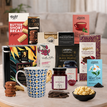 Tea and Relaxation Gift Hamper with organic teas, gourmet treats and patterned mug
