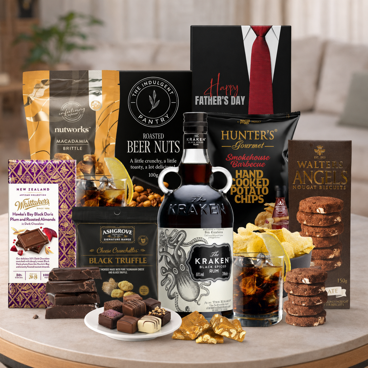 The Kraken Father's Day Gift Hamper by Tastebuds featuring Kraken Black Spiced Rum, gourmet snacks and Father's Day chocolates.