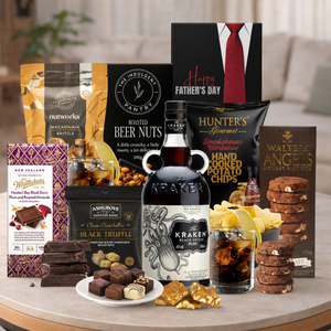 The Kraken Father's Day Gift Hamper by Tastebuds featuring Kraken Black Spiced Rum, gourmet snacks and Father's Day chocolates.