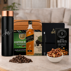 Travel Essentials Gift Hamper for Men with practical travel gifts and gourmet treats