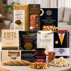 Ultimate Father's Day Snack Hamper by Tastebuds featuring gourmet snacks, chocolates, mixed nuts, popcorn, crackers and premium sweet treats for Dad.