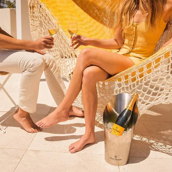 Two people sitting in a hammock with a bottle of champagne on a sunny day.