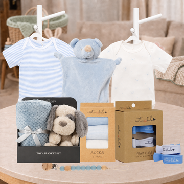 Welcome Baby Boy Hamper with blue bodysuits, socks, teddy comforter and cuddly baby gifts
