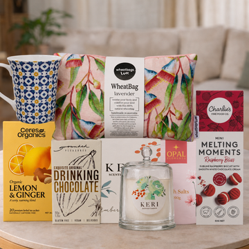 Wellness and Relaxation Gift Hamper with herbal tea, bath salts and candle