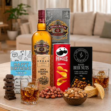 Whisky Birthday Hamper for Him with premium whisky and gourmet treats