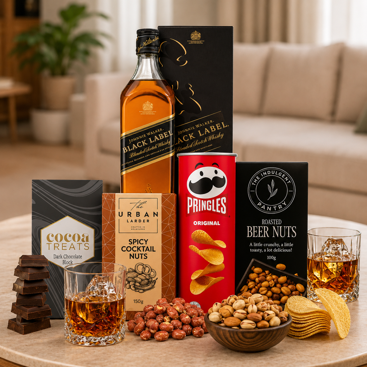 Whisky Gift Hamper for Men with whisky, nuts, crisps and chocolate
