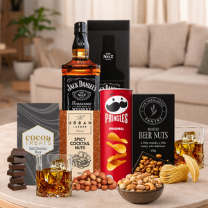 Whisky Hamper Gift for Him with premium whisky and savoury snacks