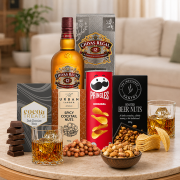 Whisky Hampers for Men with premium whisky, gourmet nuts, crisps and Belgian dark chocolate