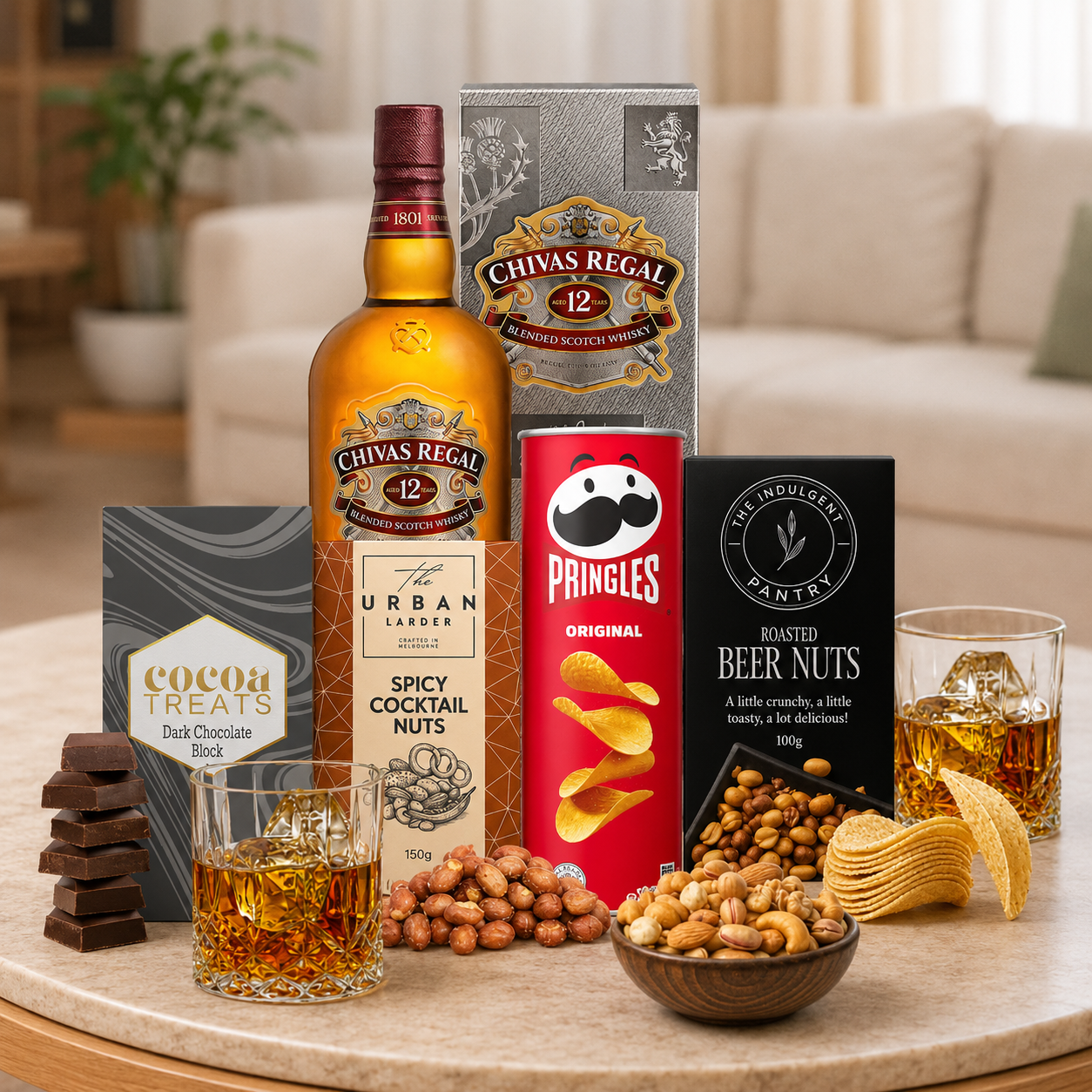 Whisky Hampers for Men with premium whisky, gourmet nuts, crisps and Belgian dark chocolate