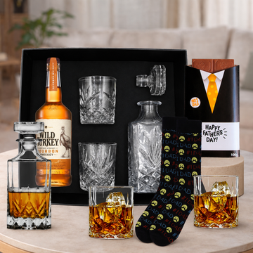 Wild Turkey Decanter Gift Hamper for Dad by Tastebuds featuring Wild Turkey Kentucky Straight Bourbon, whisky decanter set and Father's Day chocolates.