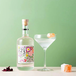 Bottle of 23rd St. Vodka with a cocktail glass and garnish on a green background