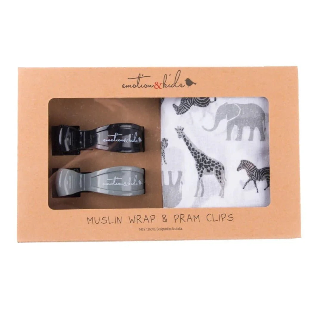 Emotion & Kids Safari Grey/Black Wrap & Pram Clips - Tastebuds