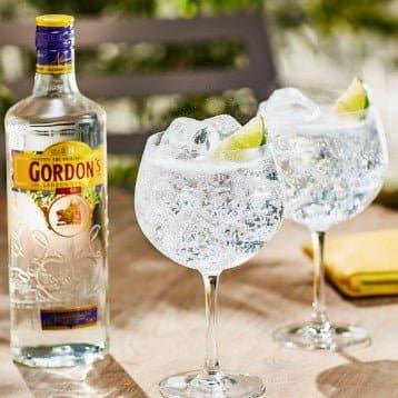 Gordon's gin bottle with two gin glasses on a table outdoors