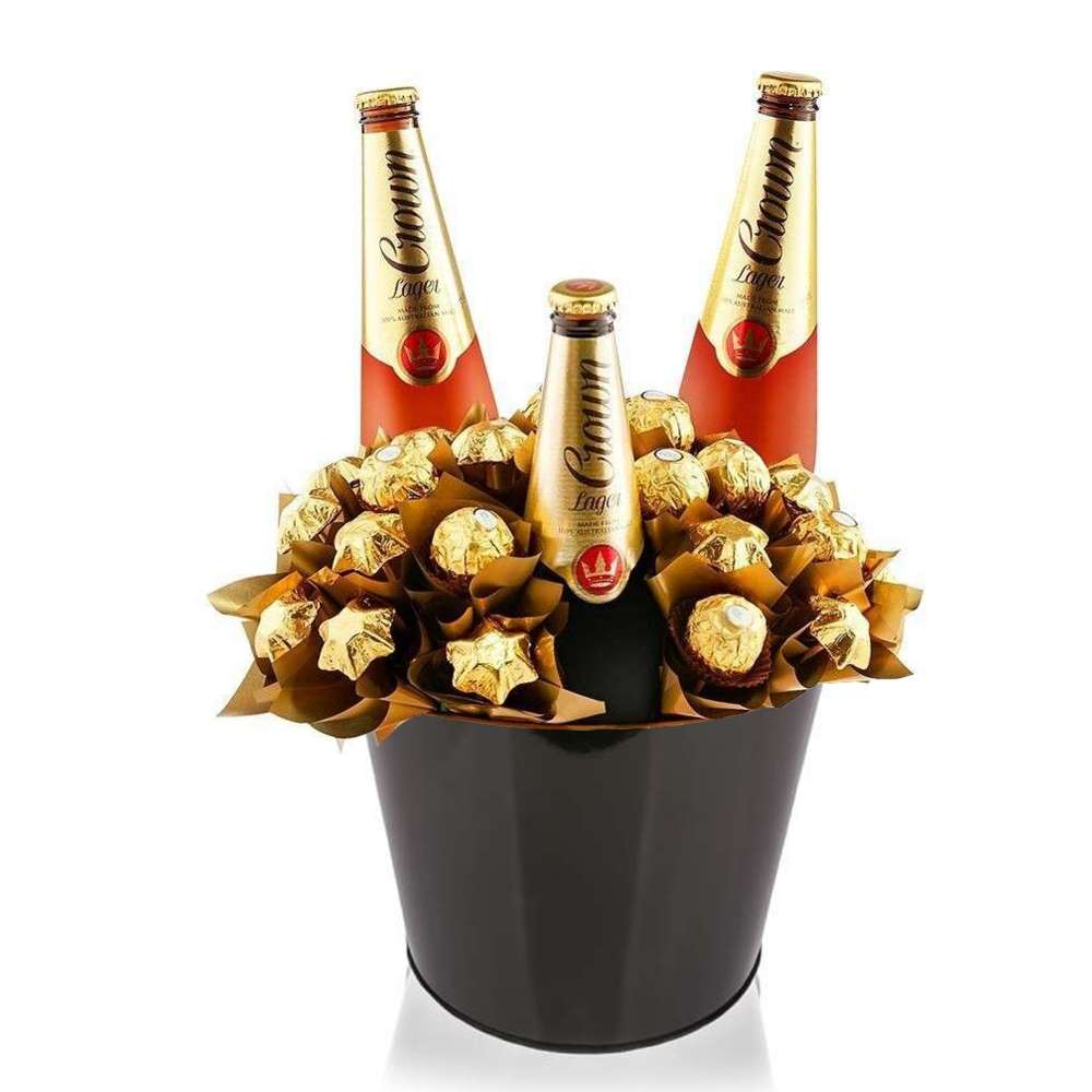 Triple Cheers Crown Lager Beers and Chocolate Bouquet